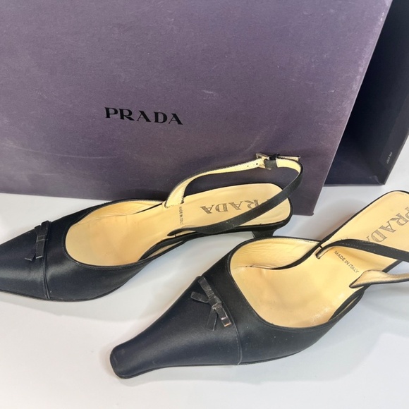 Prada Black Satin & Leather Kitten Heels | Size 37.5 | Worn Once | With Box - Picture 4 of 5